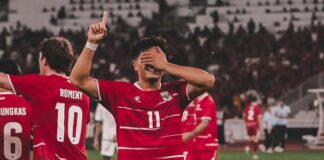 Ragnar Oratmangoen mencetak gol yang membawa Timnas Indonesia sementara unggul 1-0 atas Singapura di SUGBK, Jakarta, Jumat (25/9/2026).