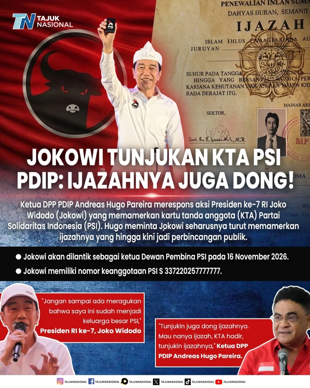Jokowi Tunjukkan KTA PSI, PDIP Balik Sentil: “Tunjukin Juga Ijazahnya”