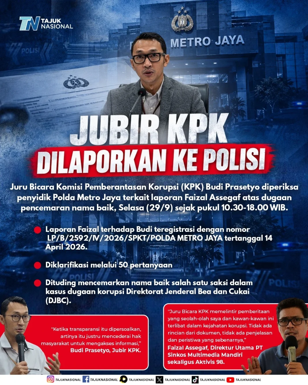 Jubir KPK Budi Prasetyo Diperiksa Polda Metro, Dicecar 50 Pertanyaan